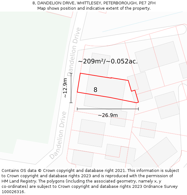 8, DANDELION DRIVE, WHITTLESEY, PETERBOROUGH, PE7 2FH: Plot and title map