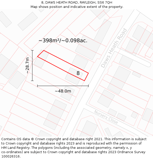 8, DAWS HEATH ROAD, RAYLEIGH, SS6 7QH: Plot and title map