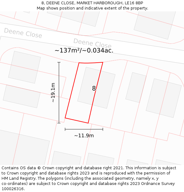 8, DEENE CLOSE, MARKET HARBOROUGH, LE16 8BP: Plot and title map