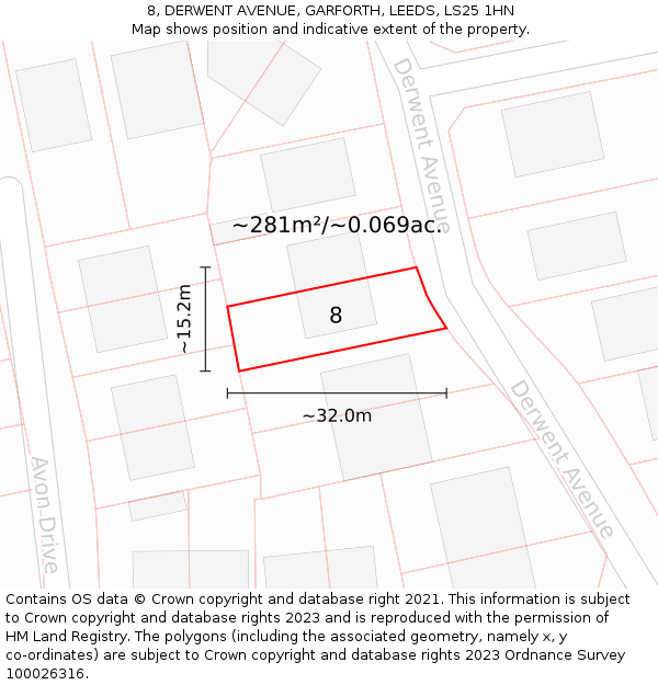 8, DERWENT AVENUE, GARFORTH, LEEDS, LS25 1HN: Plot and title map