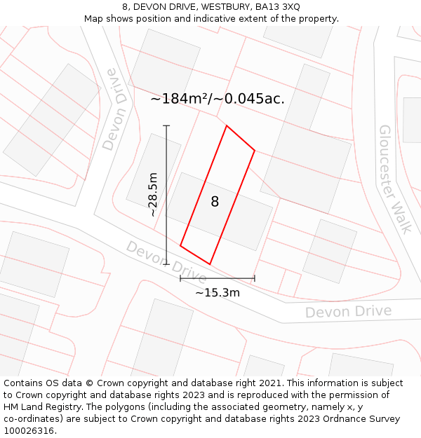 8, DEVON DRIVE, WESTBURY, BA13 3XQ: Plot and title map