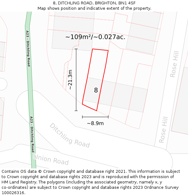 8, DITCHLING ROAD, BRIGHTON, BN1 4SF: Plot and title map