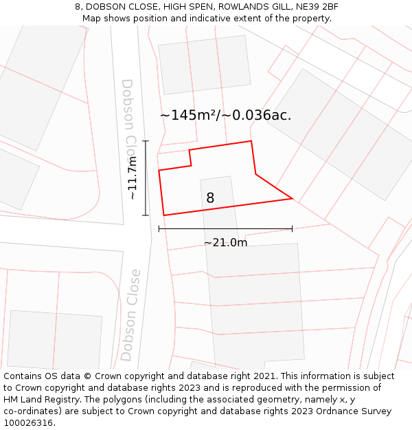 8, DOBSON CLOSE, HIGH SPEN, ROWLANDS GILL, NE39 2BF: Plot and title map