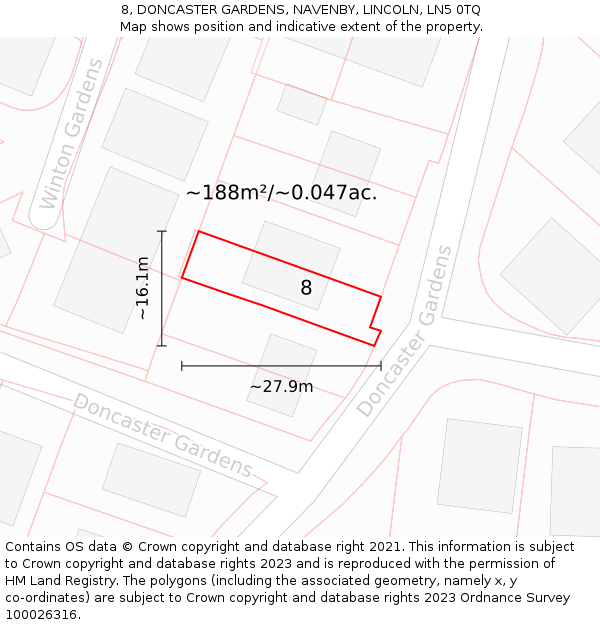 8, DONCASTER GARDENS, NAVENBY, LINCOLN, LN5 0TQ: Plot and title map