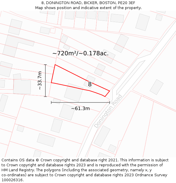 8, DONINGTON ROAD, BICKER, BOSTON, PE20 3EF: Plot and title map