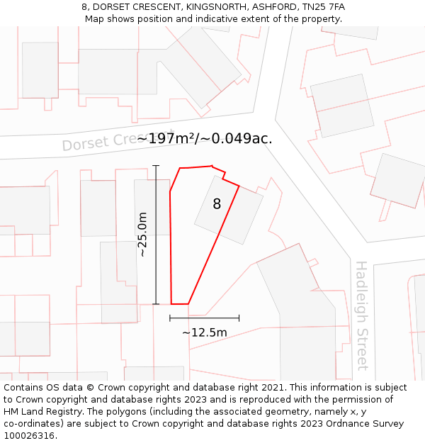 8, DORSET CRESCENT, KINGSNORTH, ASHFORD, TN25 7FA: Plot and title map