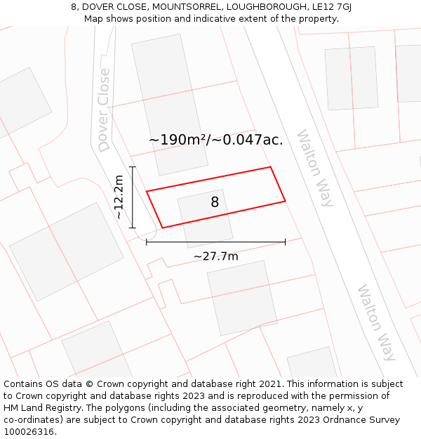 8, DOVER CLOSE, MOUNTSORREL, LOUGHBOROUGH, LE12 7GJ: Plot and title map