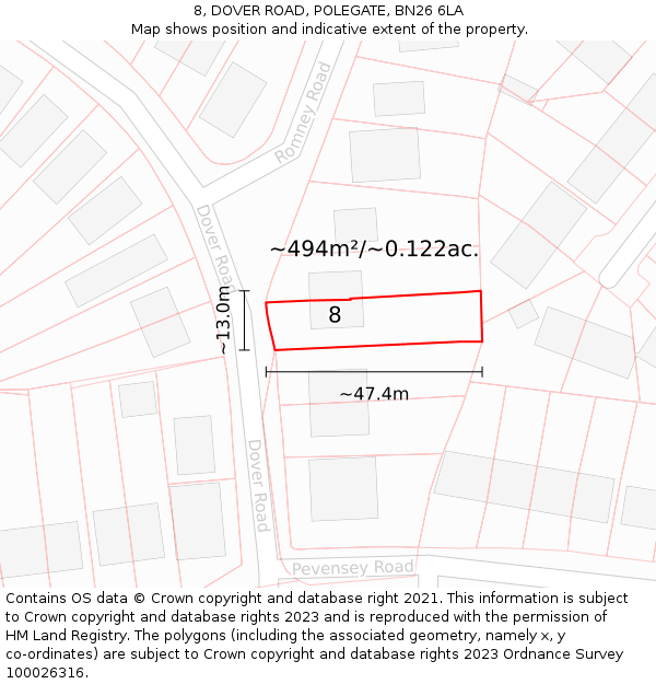 8, DOVER ROAD, POLEGATE, BN26 6LA: Plot and title map