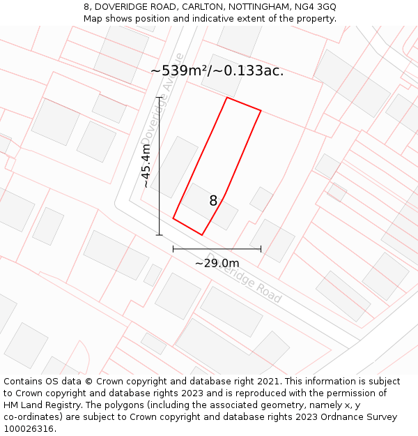 8, DOVERIDGE ROAD, CARLTON, NOTTINGHAM, NG4 3GQ: Plot and title map