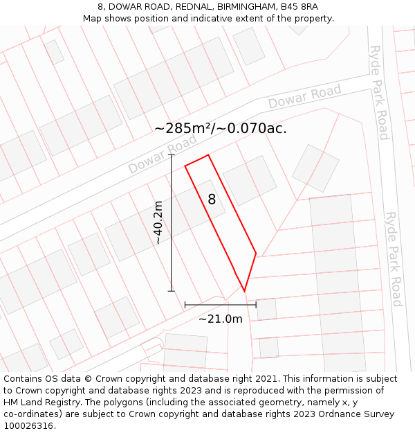 8, DOWAR ROAD, REDNAL, BIRMINGHAM, B45 8RA: Plot and title map