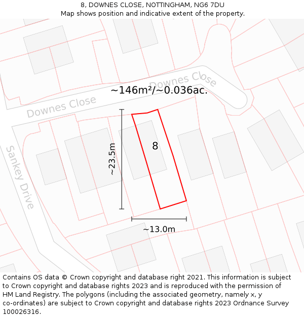 8, DOWNES CLOSE, NOTTINGHAM, NG6 7DU: Plot and title map