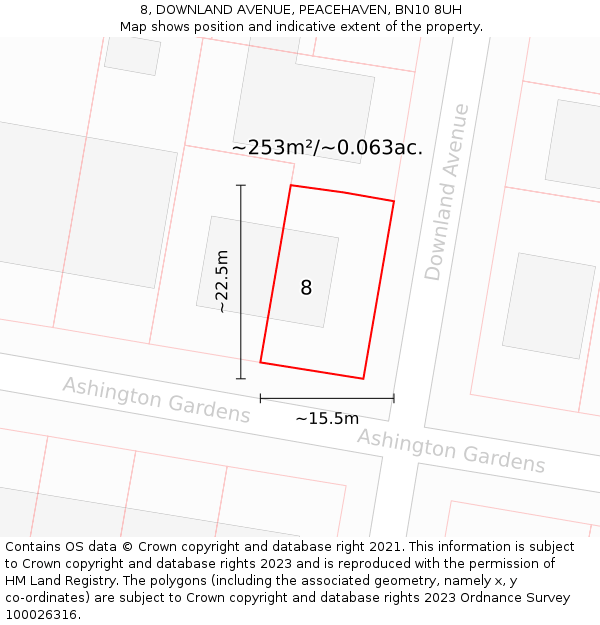 8, DOWNLAND AVENUE, PEACEHAVEN, BN10 8UH: Plot and title map