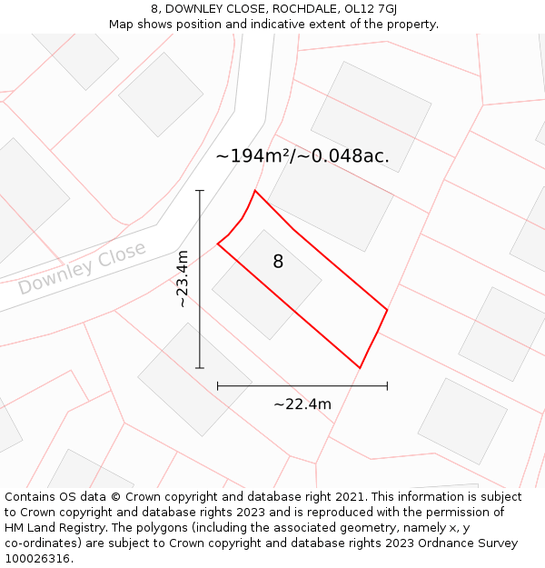 8, DOWNLEY CLOSE, ROCHDALE, OL12 7GJ: Plot and title map