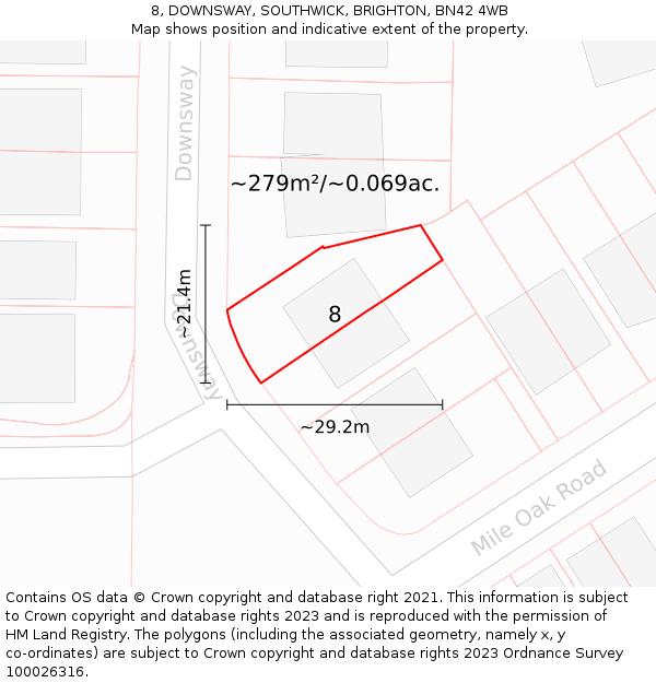 8, DOWNSWAY, SOUTHWICK, BRIGHTON, BN42 4WB: Plot and title map