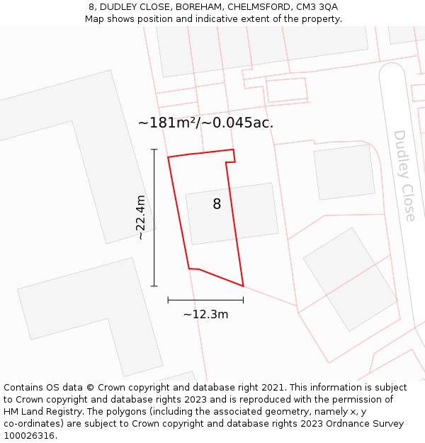 8, DUDLEY CLOSE, BOREHAM, CHELMSFORD, CM3 3QA: Plot and title map