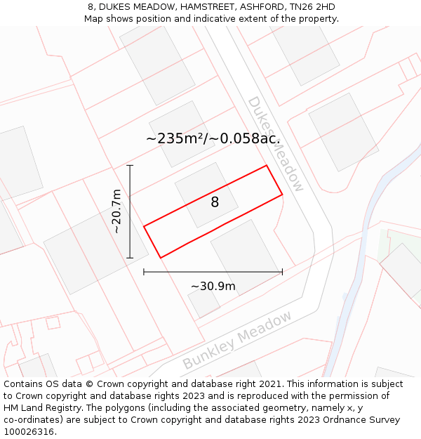 8, DUKES MEADOW, HAMSTREET, ASHFORD, TN26 2HD: Plot and title map