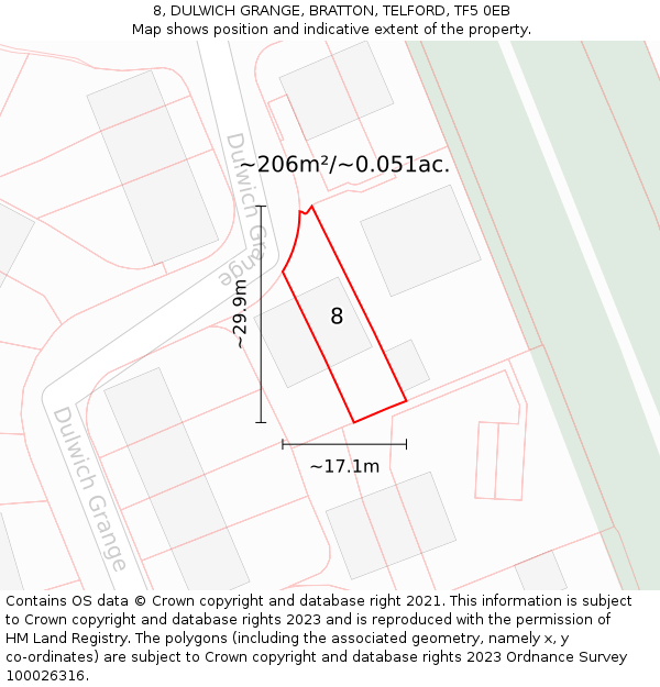 8, DULWICH GRANGE, BRATTON, TELFORD, TF5 0EB: Plot and title map