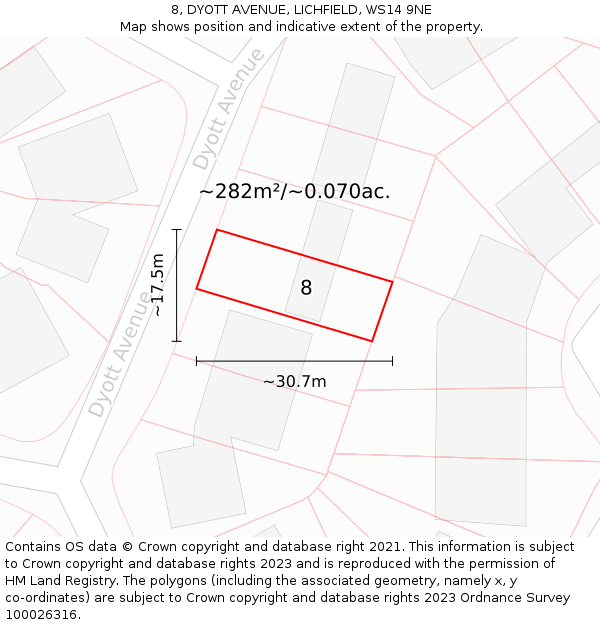 8, DYOTT AVENUE, LICHFIELD, WS14 9NE: Plot and title map