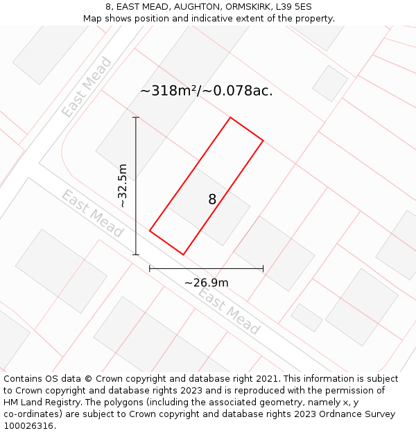 8, EAST MEAD, AUGHTON, ORMSKIRK, L39 5ES: Plot and title map