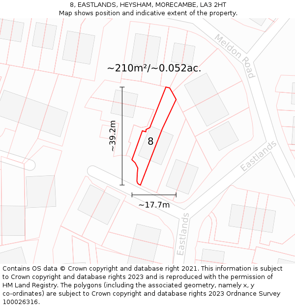 8, EASTLANDS, HEYSHAM, MORECAMBE, LA3 2HT: Plot and title map