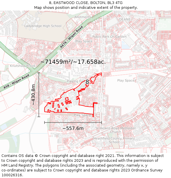 8, EASTWOOD CLOSE, BOLTON, BL3 4TG: Plot and title map