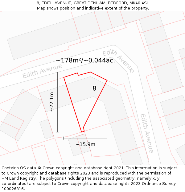 8, EDITH AVENUE, GREAT DENHAM, BEDFORD, MK40 4SL: Plot and title map