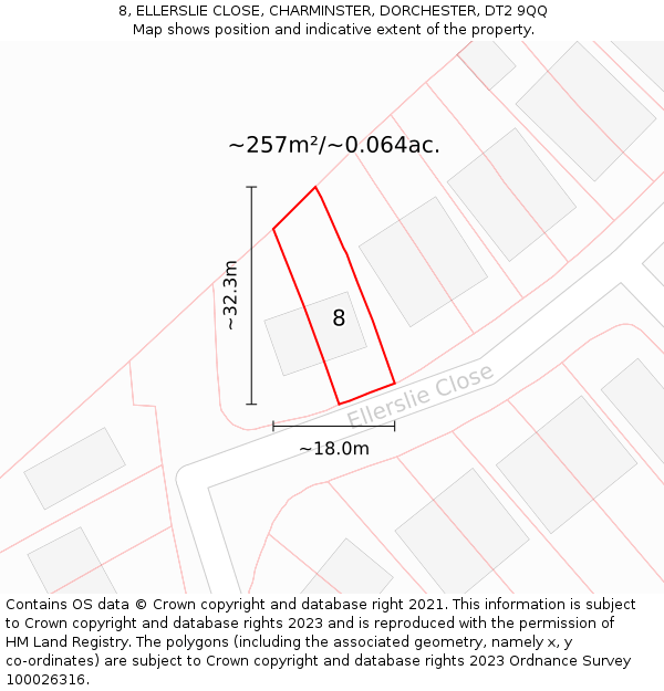 8, ELLERSLIE CLOSE, CHARMINSTER, DORCHESTER, DT2 9QQ: Plot and title map