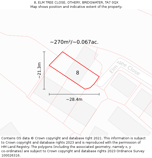 8, ELM TREE CLOSE, OTHERY, BRIDGWATER, TA7 0QX: Plot and title map