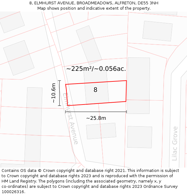 8, ELMHURST AVENUE, BROADMEADOWS, ALFRETON, DE55 3NH: Plot and title map