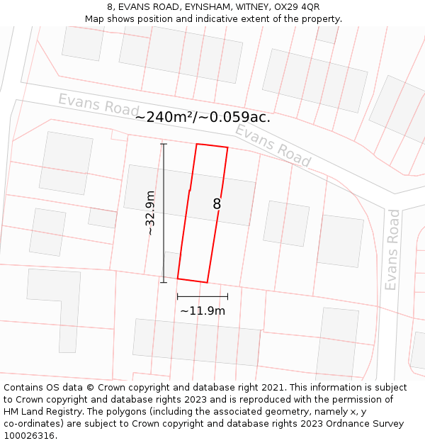 8, EVANS ROAD, EYNSHAM, WITNEY, OX29 4QR: Plot and title map