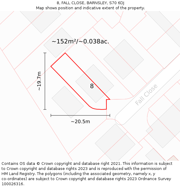 8, FALL CLOSE, BARNSLEY, S70 6DJ: Plot and title map