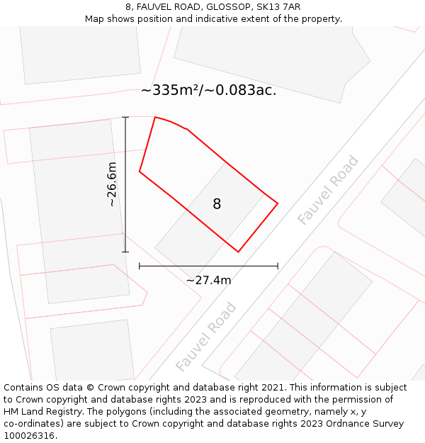 8, FAUVEL ROAD, GLOSSOP, SK13 7AR: Plot and title map