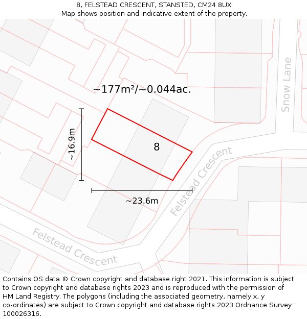 8, FELSTEAD CRESCENT, STANSTED, CM24 8UX: Plot and title map