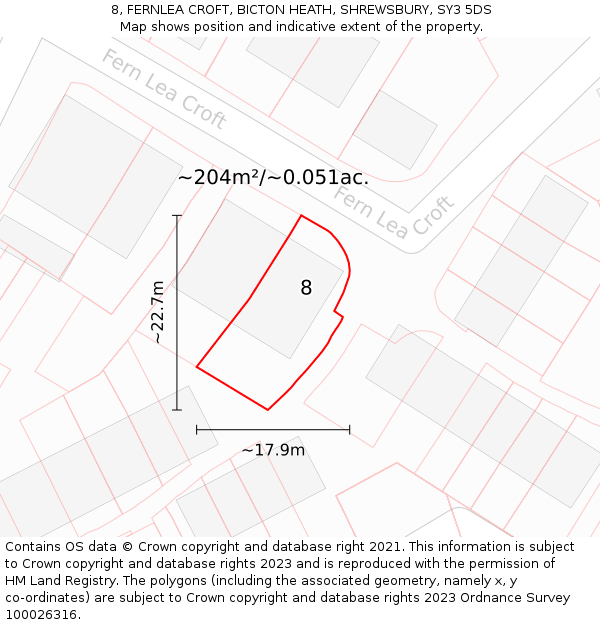 8, FERNLEA CROFT, BICTON HEATH, SHREWSBURY, SY3 5DS: Plot and title map