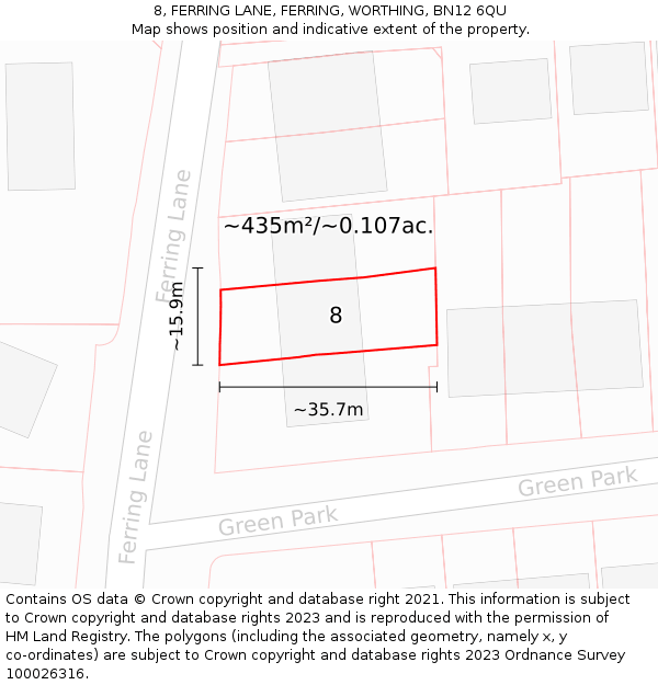 8, FERRING LANE, FERRING, WORTHING, BN12 6QU: Plot and title map