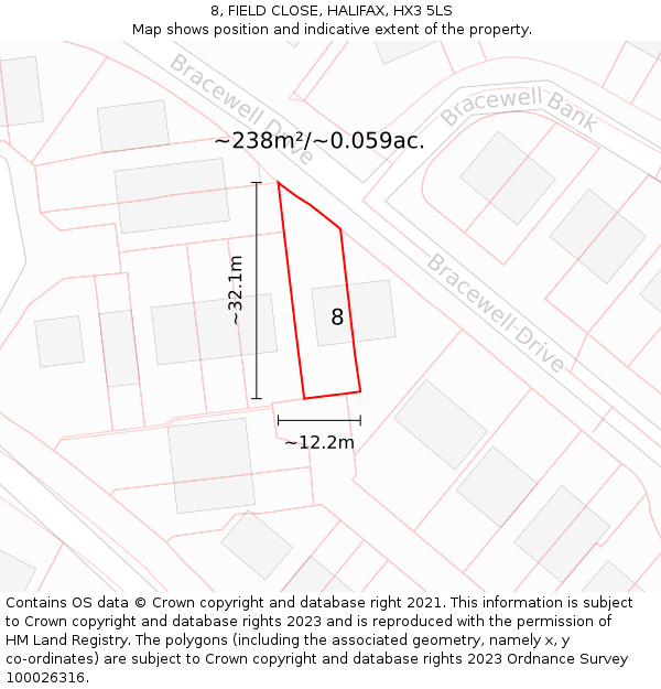 8, FIELD CLOSE, HALIFAX, HX3 5LS: Plot and title map