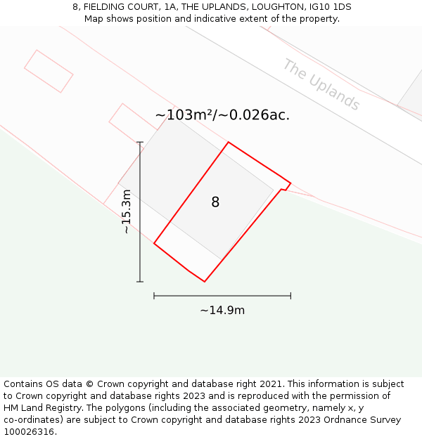 8, FIELDING COURT, 1A, THE UPLANDS, LOUGHTON, IG10 1DS: Plot and title map