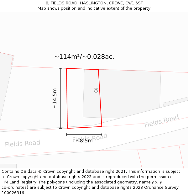 8, FIELDS ROAD, HASLINGTON, CREWE, CW1 5ST: Plot and title map