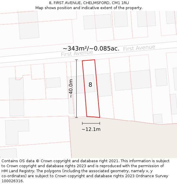 8, FIRST AVENUE, CHELMSFORD, CM1 1RU: Plot and title map