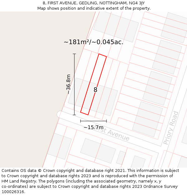 8, FIRST AVENUE, GEDLING, NOTTINGHAM, NG4 3JY: Plot and title map