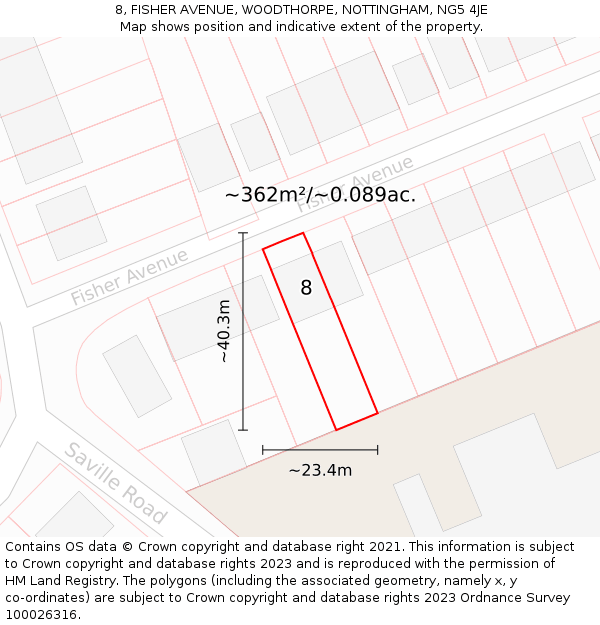 8, FISHER AVENUE, WOODTHORPE, NOTTINGHAM, NG5 4JE: Plot and title map