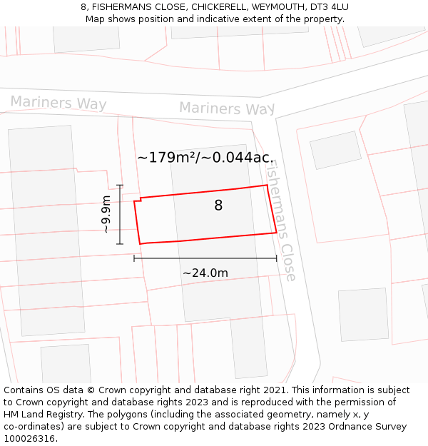 8, FISHERMANS CLOSE, CHICKERELL, WEYMOUTH, DT3 4LU: Plot and title map