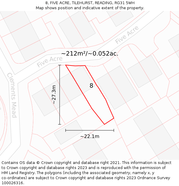 8, FIVE ACRE, TILEHURST, READING, RG31 5WH: Plot and title map