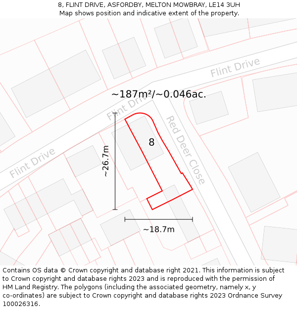 8, FLINT DRIVE, ASFORDBY, MELTON MOWBRAY, LE14 3UH: Plot and title map