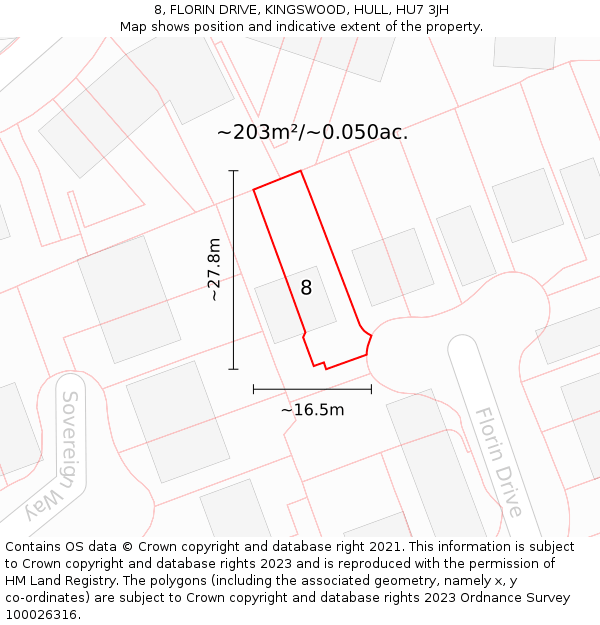 8, FLORIN DRIVE, KINGSWOOD, HULL, HU7 3JH: Plot and title map