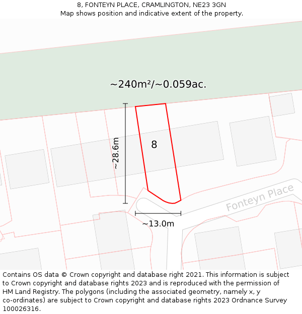 8, FONTEYN PLACE, CRAMLINGTON, NE23 3GN: Plot and title map