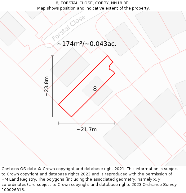 8, FORSTAL CLOSE, CORBY, NN18 8EL: Plot and title map