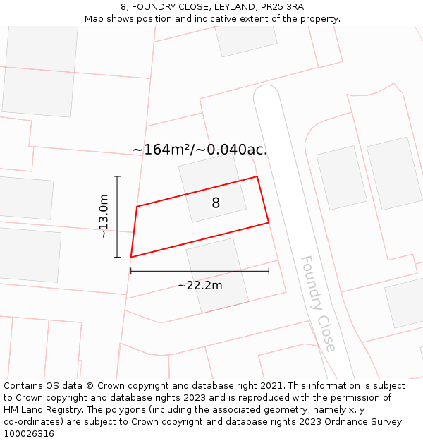 8, FOUNDRY CLOSE, LEYLAND, PR25 3RA: Plot and title map