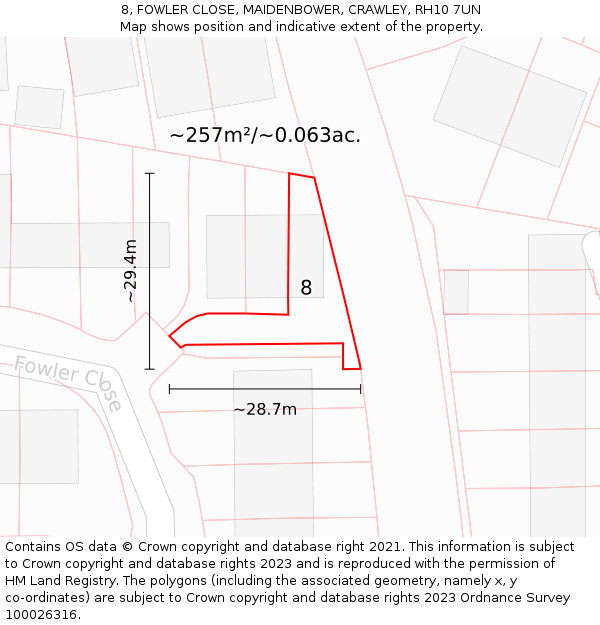 8, FOWLER CLOSE, MAIDENBOWER, CRAWLEY, RH10 7UN: Plot and title map