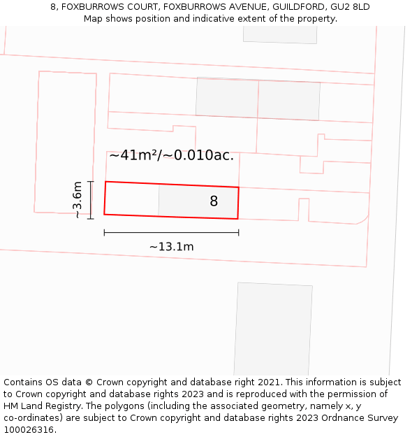 8, FOXBURROWS COURT, FOXBURROWS AVENUE, GUILDFORD, GU2 8LD: Plot and title map